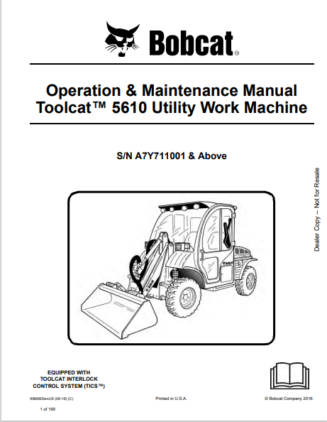 BOBCAT 5610 TOOLCAT UTILITY WORK MACHINE OPERATION & MAINTENANCE MANUAL (6986803) - PDF FILE