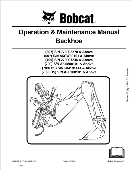 BOBCAT 607, 709, 709FDS BACKHOE OPERATION & MAINTENANCE MANUAL (6900405) - PDF FILE