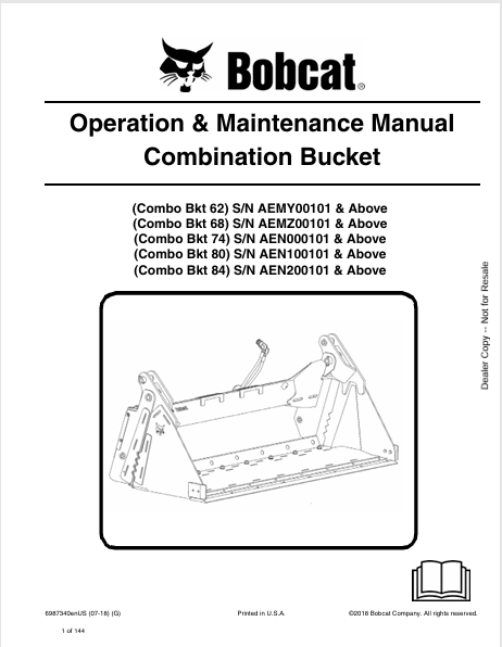 BOBCAT 62, 68, 74, 80, 84 COMBINATION BUCKET OPERATION & MAINTENANCE MANUAL (6987340) - PDF FILE