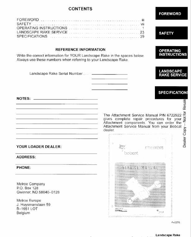 BOBCAT LANDSCAPE RAKE (6722755) OPERATION & MAINTENANCE MANUAL PDF DOWNLOAD