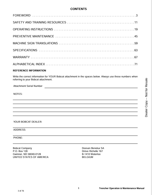 BOBCAT LT405 TRENCHER (6722909ENUS) OPERATION AND MAINTENANCE MANUAL PDF FILE