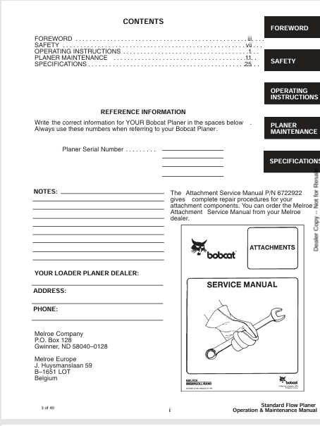 BOBCAT STANDARD FLOW PLANER (6724802) OPERATION & MAINTENANCE MANUAL PDF FILE