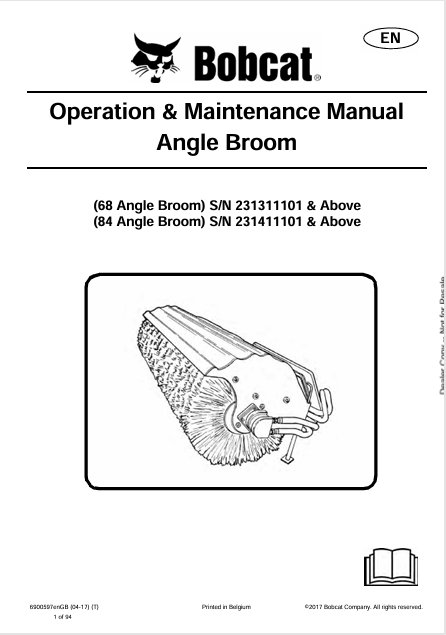 BOBCAT 68 ANGLE BROOM, 84 ANGLE BROOM OPERATION & MAINTENNCE MANUAL (6900597) - PDF FILE