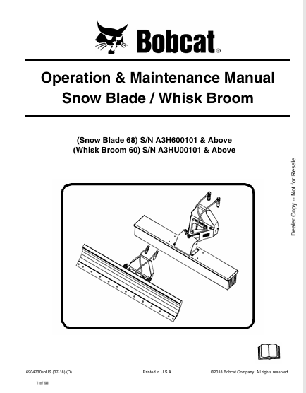 BOBCAT 68 SNOW BLADE, 60 WHISK BROOM OPERATION & MAINTENANCE MANUAL (6904730) - PDF FILE
