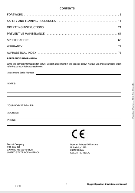 BOBCAT 12S, 12, 16, 25, 30,36 DIGGER (6900948ENGB) OPERATION & MAINTENANCE MANUAL PDF FILE