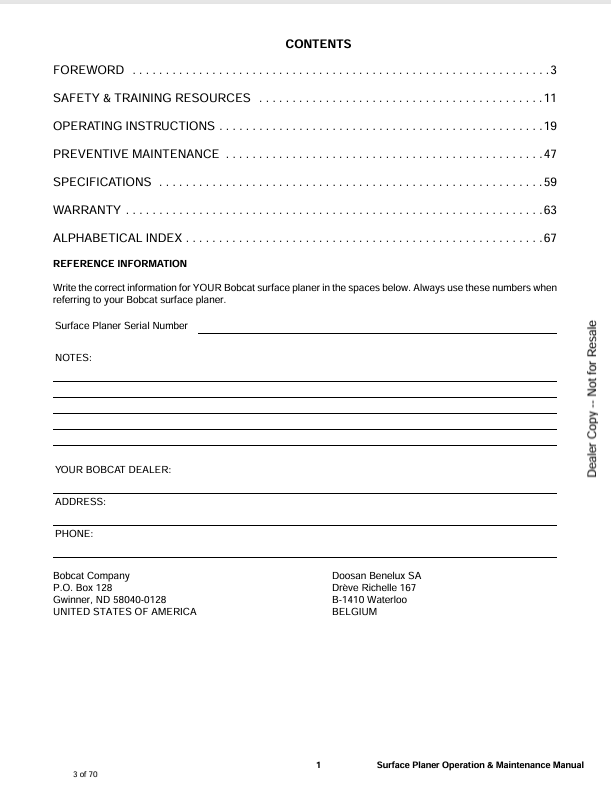 BOBCAT SURFACE PLANER (6900993) OPERATION & MAINTENANCE MANUAL PDF FILE