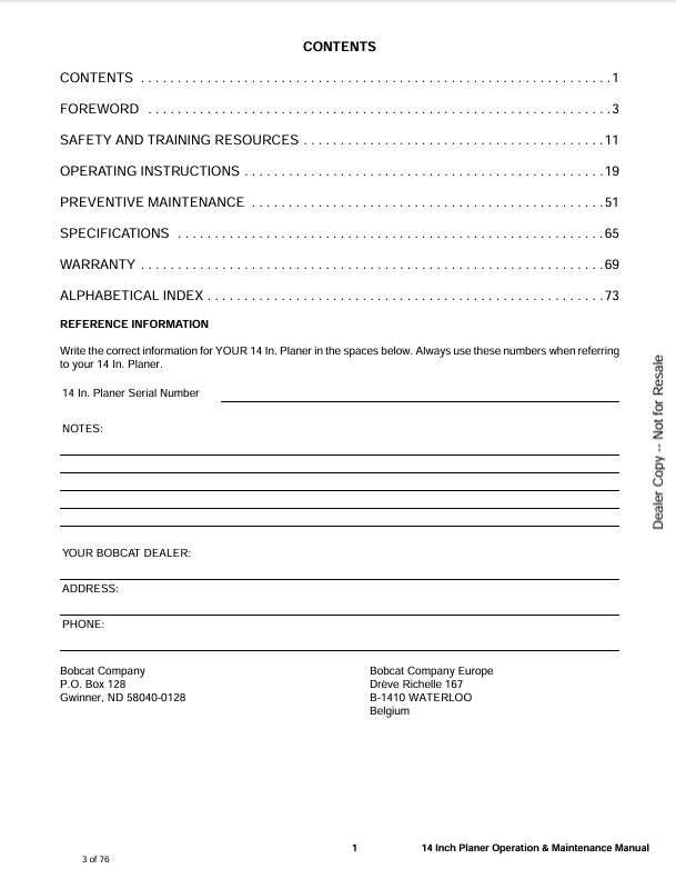 BOBCAT 14IN PLANER (6901034ENUS) OPERATION & MAINTENANCE MANUAL PDF FILE