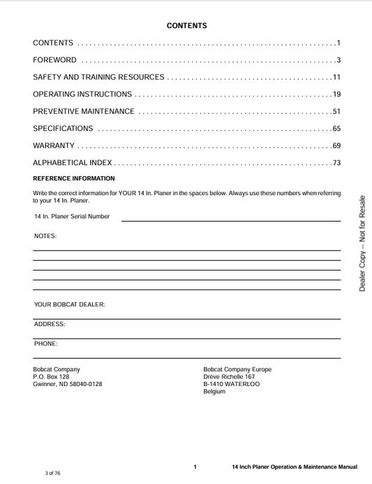 BOBCAT 14IN PLANER (6901034ENUS) OPERATION & MAINTENANCE MANUAL PDF FILE