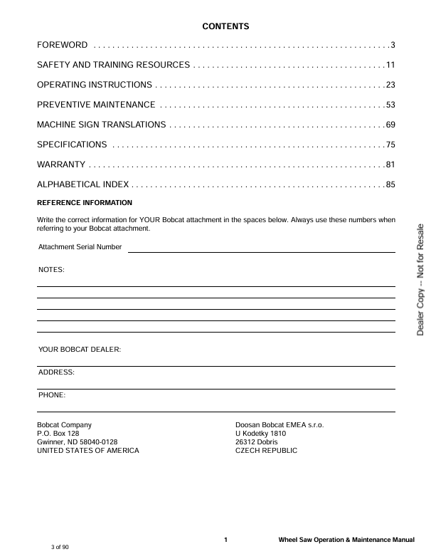 BOBCAT WHEEL SAW WS18, WS24 (6901047ENUS) OPERATION AND MAINTENANCE MANUAL PDF FILE
