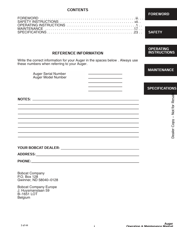 BOBCAT ROUND DRIVE AUGER 15, 15H, 30, 30H (6901382) OPERATION AND MAINTENANCE MANUAL PDF FILE