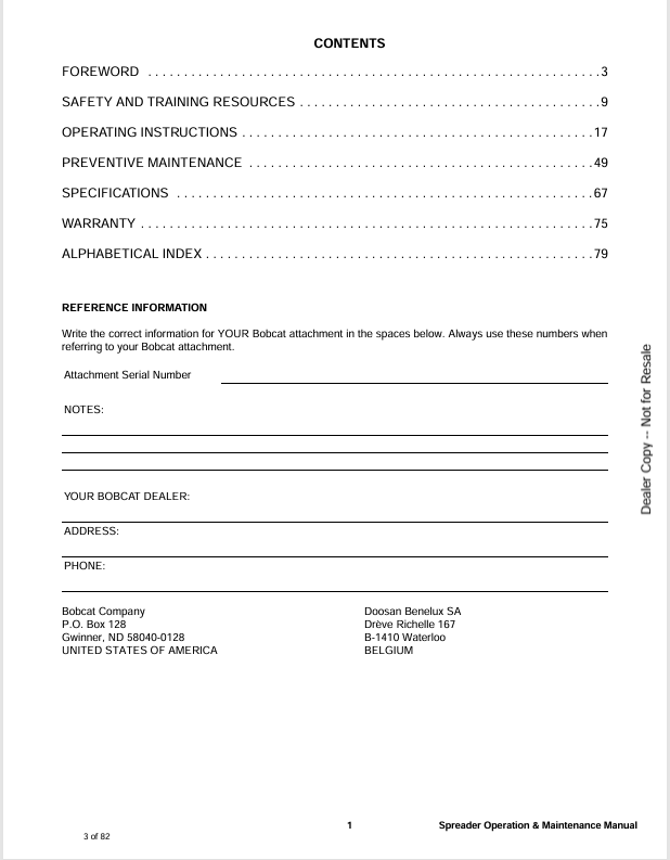 BOBCAT SPREADER (6901615ENUS) OPERATION AND MAINTENANCE MANUAL PDF FILE