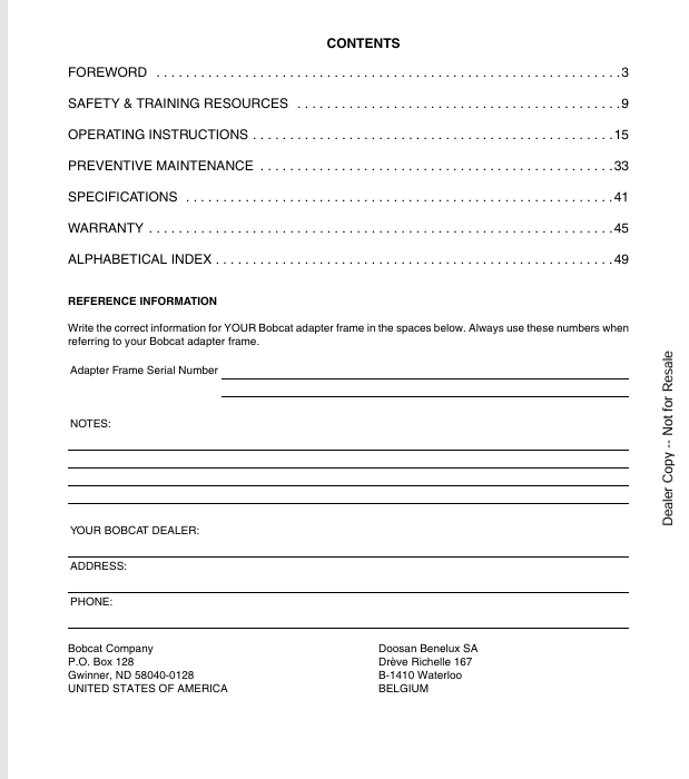 BOBCAT ADAPTER FRAME (6902350) OPERATION AND MAINTENANCE MANUAL PDF FILE