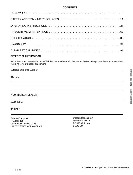 BOBCAT CONCRETE PUMP (6903366ENUS) OPERATION & MAINTENANCE MANUAL PDF FILE