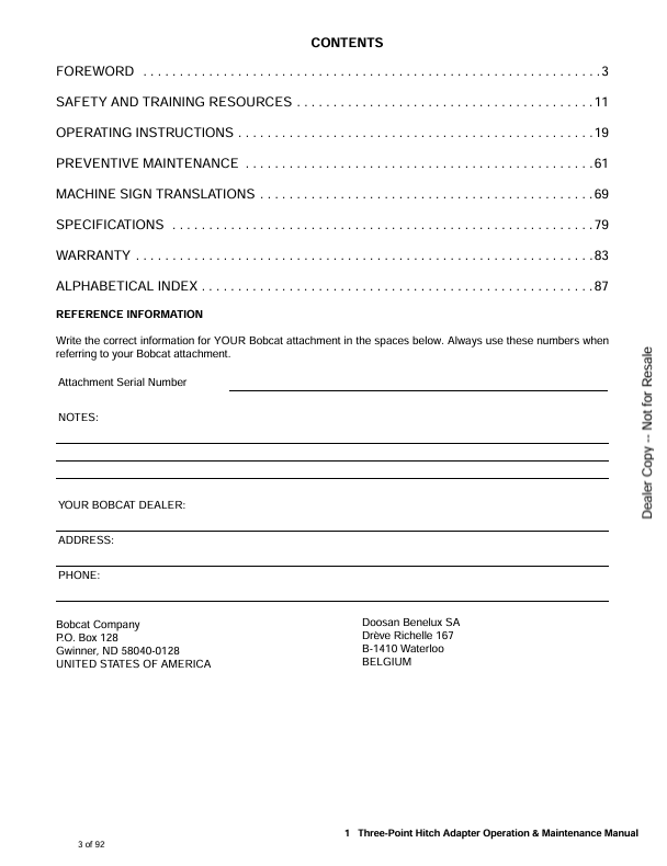 BOBCAT THREE-POINT HITCH ADAPTER (6904285ENUS) OPERATION & MAINTENANCE MANUAL PDF FILE