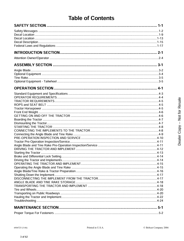 BOBCAT ANGLE BLADE & TINE RAKE (6904725) OPERATION AND MAINTENANCE MANUAL PDF FILE