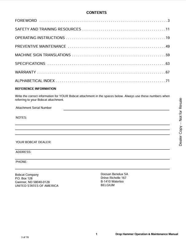BOBCAT DROP HAMMER (6904968ENUS) OPERATION & MAINTENANCE MANUAL PDF FILE