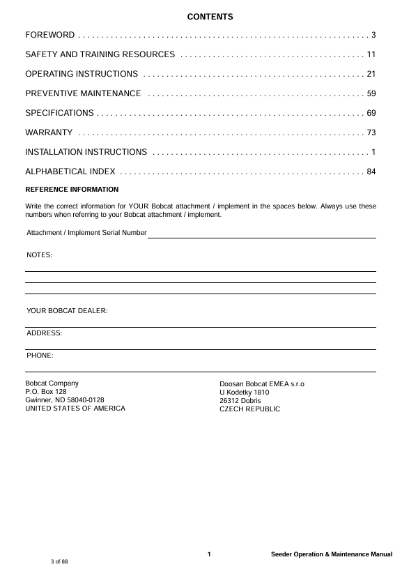 BOBCAT SEEDER 72SDR (6987212ENGB) OPERATION & MAINTENANCE MANUAL PDF DOWNLOAD