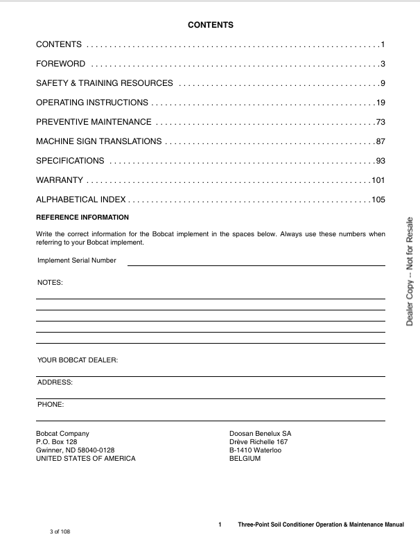 BOBCAT THREE-POINT SOIL CONDITIONER (6987448) OPERATION & MAINTENANCE MANUAL PDF DOWNLOAD