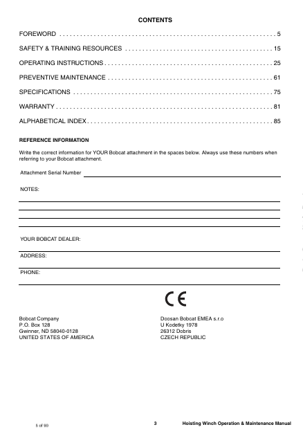BOBCAT HOISTING WINCH (6989511ENGB) OPERATION AND MAINTENANCE MANUAL PDF FILE