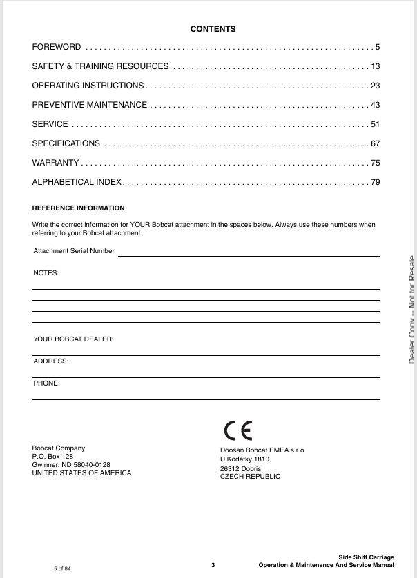 BOBCAT SIDE SHIFT CARRIAGE 3, 5T (6990122ENGB) OPERATION AND MAINTENANCE MANUAL PDF FILE