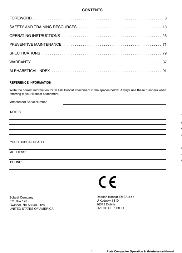 BOBCAT PCF34, PCF64 PLATE COMPACTOR (6990311ENGB) OPERATION & MAINTENANCE MANUAL PDF FILE