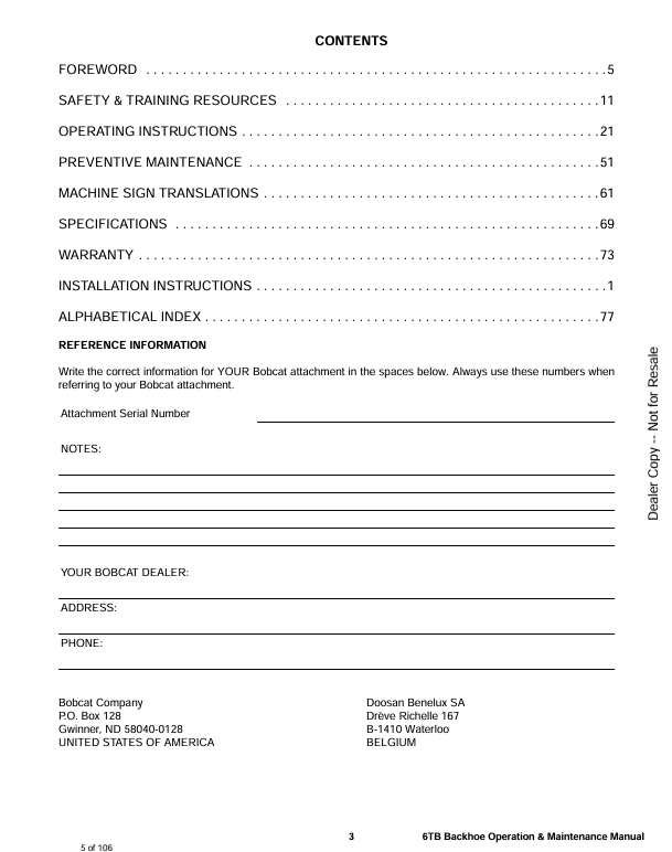 BOBCAT 6TB BACKHOE (6986708) OPERATION AND MAINTENANCE MANUAL PDF FILE