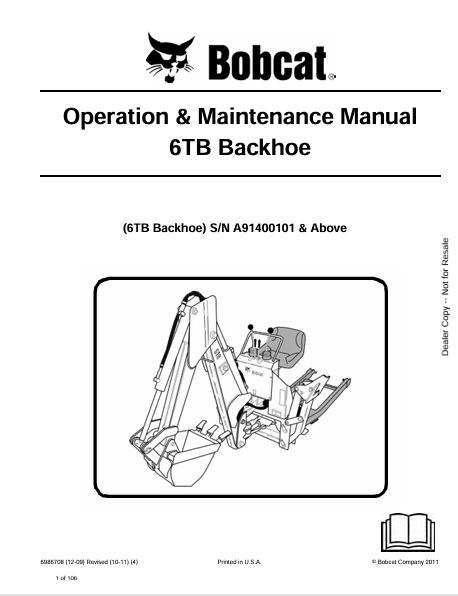 BOBCAT 6TB BACKHOE OPERATION & MAINTENANCE MANUAL (6986708) - PDF FILE
