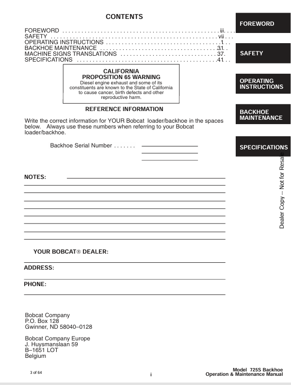 BOBCAT 725S BACKHOE (6901069) OPERATION AND MAINTENANCE MANUAL PDF FILE