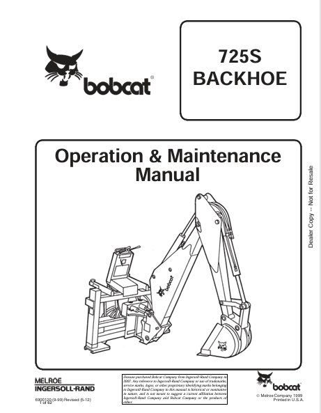 BOBCAT 725S BACKHOE OPERATION & MAINTENANCE MANUAL (6900120) - PDF FILE