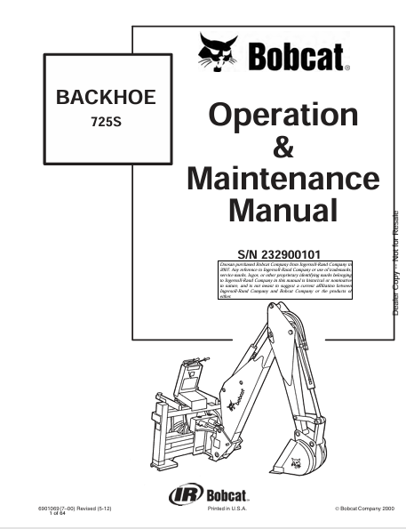 BOBCAT 725S BACKHOE OPERATION & MAINTENANCE MANUAL (6901069) - PDF FILE
