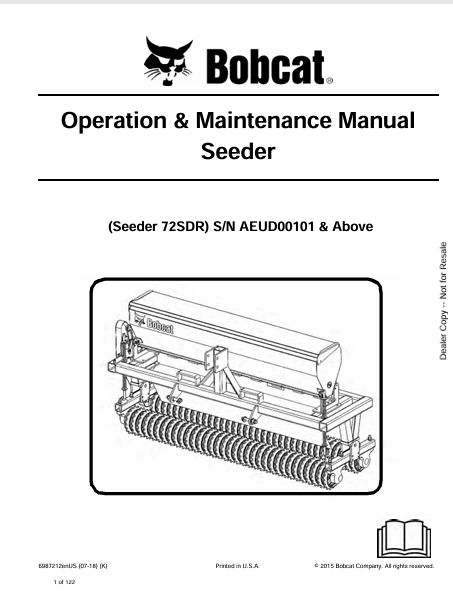 BOBCAT 72SDR SEEDER OPERATION & MAINTENANCE MANUAL (6987212) - PDF FILE