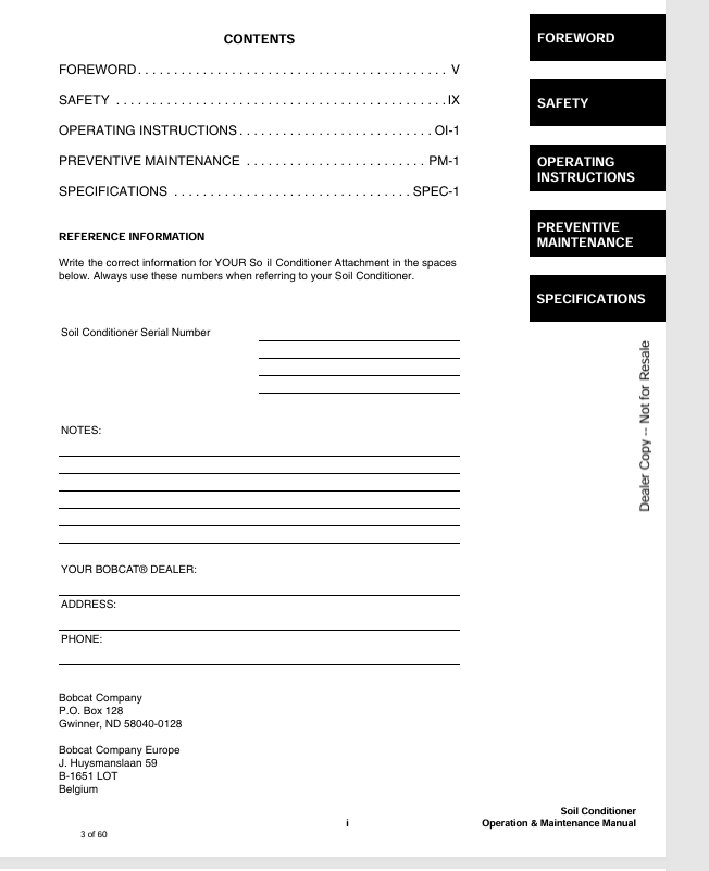 BOBCAT 72, 84 IN SOIL CONDITIONER (6901112) OPERATION AND MAINTENANCE MANUAL PDF FILE