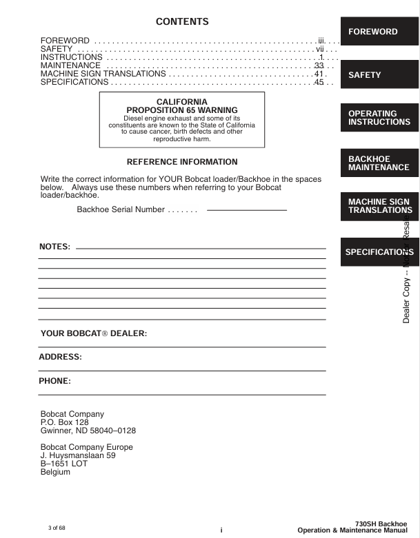 BOBCAT 730SH BACKHOE (6900923) OPERATION AND MAINTENANCE MANUAL PDF FILE