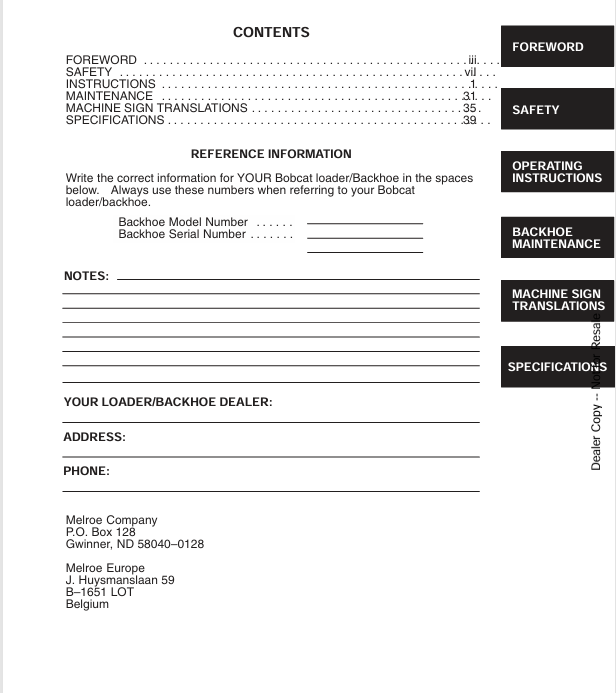 BOBCAT 730S BACKHOE (6720670) OPERATION AND MAINTENANCE MANUAL PDF FILE