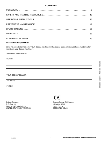 BOBCAT WHEEL SAW WSSL20 (7335776ENGB) OPERATION AND MAINTENANCE MANUAL PDF FILE