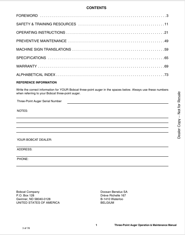 BOBCAT THREE-POINT AUGER (7383809) OPERATION AND MAINTENANCE MANUAL PDF FILE