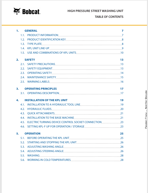 BOBCAT HIGH PRESSURE STREET WASHING UNITS (7420071ENUS) OPERATION & MAINTENANCE MANUAL PDF FILE
