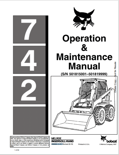 BOBCAT 742 OPERATION & MAINTENANCE MANUAL (6566604) - PDF FILE