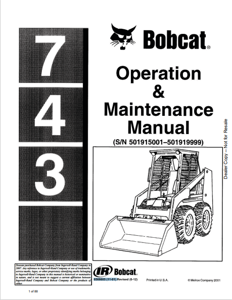 BOBCAT 743 OPERATION & MAINTENANCE MANUAL (6566605) - PDF FILE