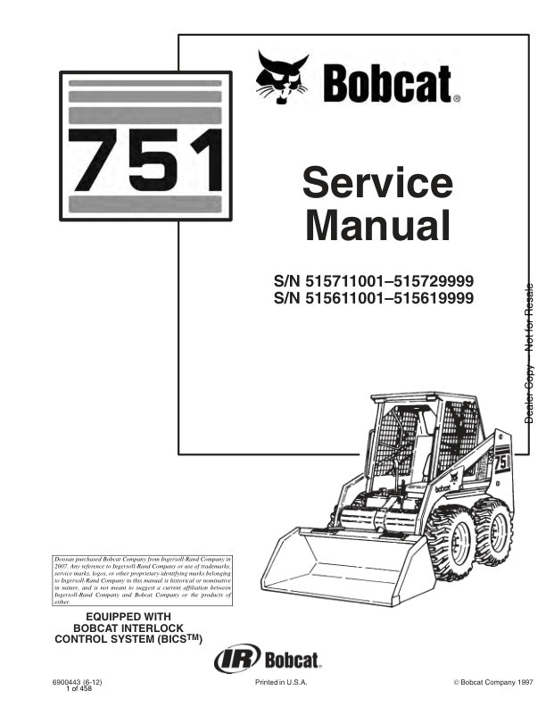 Bobcat 751 Loader Service Information 6900443 (06-12)