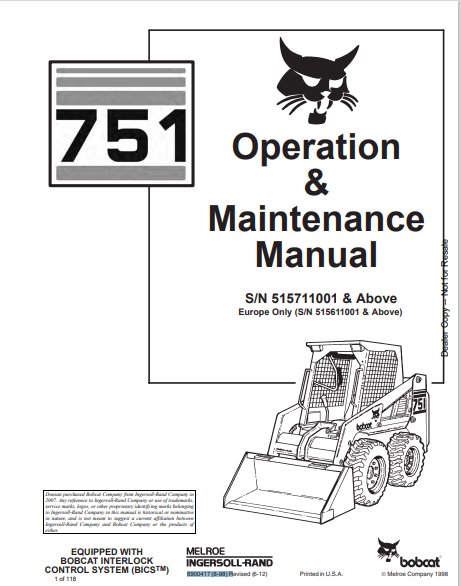 BOBCAT 751 OPERATION & MAINTENANCE MANUAL (6900417) - PDF FILE