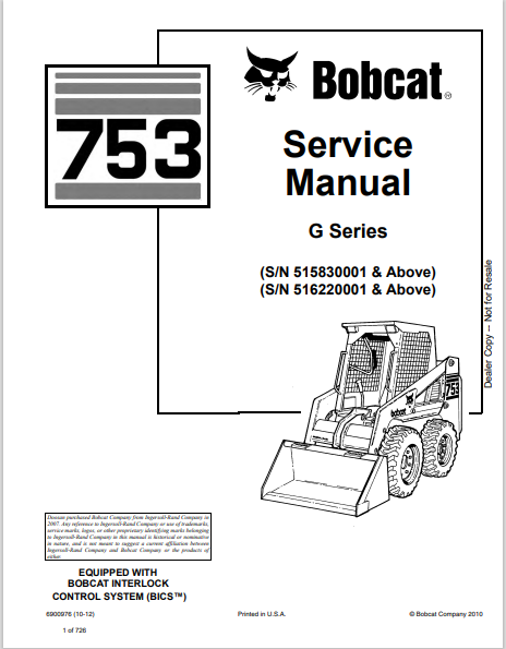 BOBCAT 753 G SERIES SERVICE MANUAL (6900976) - PDF FILE