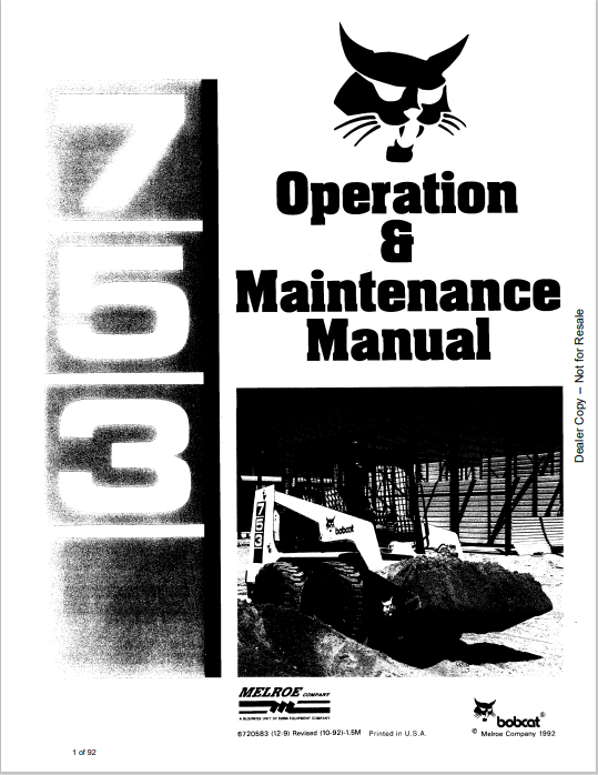 BOBCAT 753 OPERATION & MAINTENANCE MANUAL (6720583) - PDF FILE