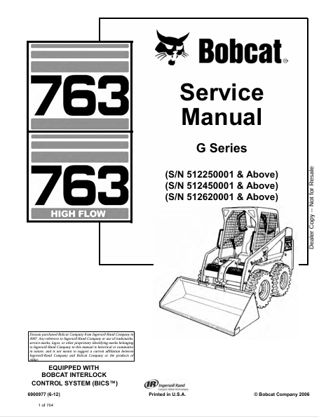 BOBCAT 763 G SERIES SERVICE MANUAL (6900977) - PDF FILE
