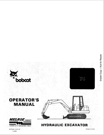 BOBCAT 76 HYDRAULIC EXCAVATOR OPERATIOR'S MANUAL (6570482) - PDF FILE