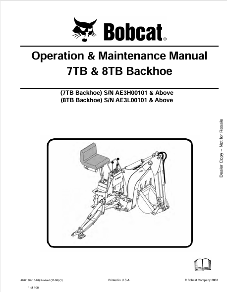 BOBCAT 7TB & 8TB BACKHOE OPERATION & MAINTENANCE MANUAL (6987138) - PDF FILE