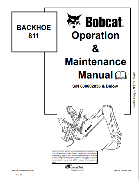 BOBCAT 811 BACKHOE OPERATION & MAINTENANCE MANUAL (6902594) - PDF FILE