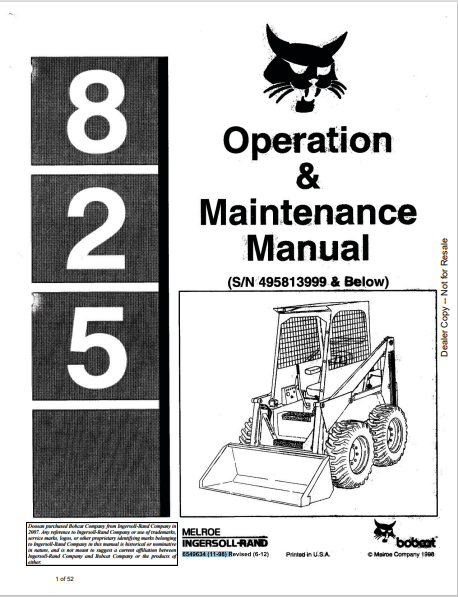 BOBCAT 825 OPERATION & MAINTENANCE MANUAL (6549634) - PDF FILE
