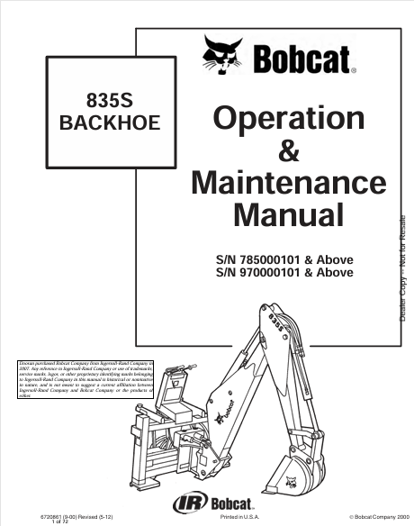 BOBCAT 835S BACKHOE OPERATION & MAINTENANCE MANUAL (6720861) - PDF FILE