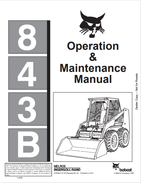 BOBCAT 843B OPERATION & MAINTENANCE MANUAL (6720547) - PDF FILE